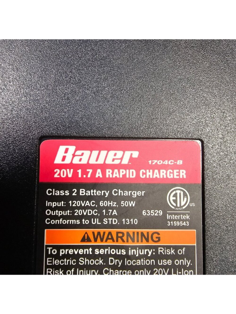 Bauer 20V 1.7A Rapid Battery Charger Model 1704C-B For Lithium-Ion Batteries - Picture 5 of 6
